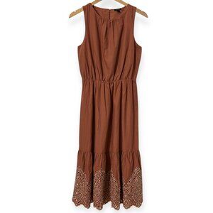 Ann Taylor Factory Dress Small S Brown Cotton Eyelet Hem Midi Sleeveless Boho